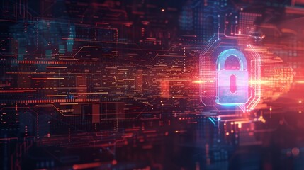 An advanced digital image showcasing themes of online security and data privacy, with a padlock emblem representing safeguarding information.