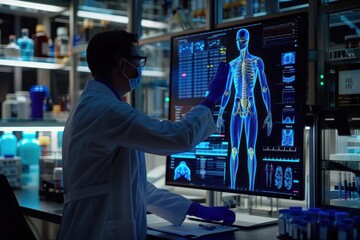 A Doctor working with a small graphic display of human body image in a modern laboratory