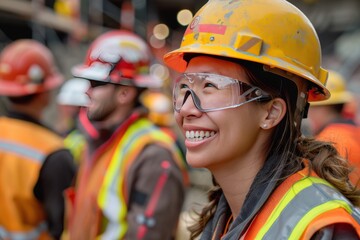 A group of multi-ethnic workers at a construction site wearing hard hats, safety glasses, and reflective clothing, smiling and conversing - obrazy, fototapety, plakaty