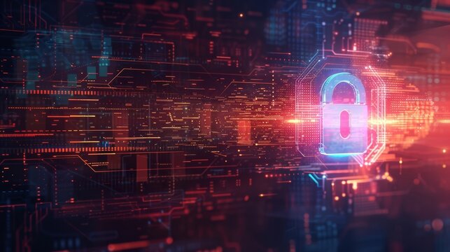 An advanced digital image showcasing themes of online security and data privacy, with a padlock emblem representing safeguarding information.