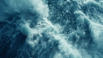 Aerial view of dynamic ocean waves with foam and ripples, capturing the power and texture of the sea in shades of blue and turquoise. - obrazy, fototapety, plakaty