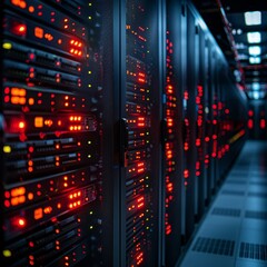 Obraz premium A high-tech data center showcases advanced computing systems and cyber defense measures, ensuring secure data storage and global network protection.