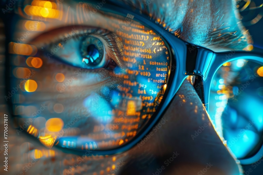 Poster a programmer wearing glasses focuses on coding on their computer, utilizing digital technology for c