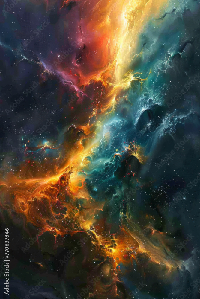 Poster vibrant digital artwork featuring an abstract cosmic scene with a blend of warm and cool colors, res