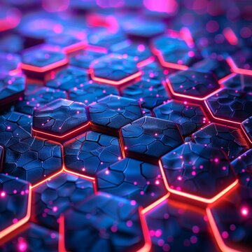 An abstract digital backdrop featuring glowing multi-colored hexagons, representing a cutting-edge system of technological connections