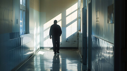 A person taking a deep breath before entering a rehab facility a step towards recovery. - obrazy, fototapety, plakaty