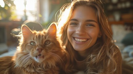 Joyful moment with a beautiful ginger cat showing teeth in a sunny room