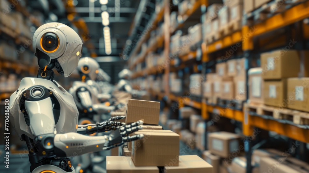 Poster a futuristic robot with humanoid features is handling a cardboard box in a warehouse with shelves st