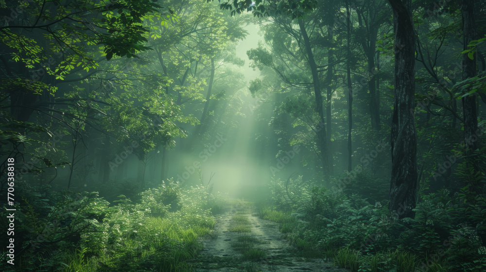 Poster a serene forest path with sunlight piercing through the mist and trees, highlighting the lush greene