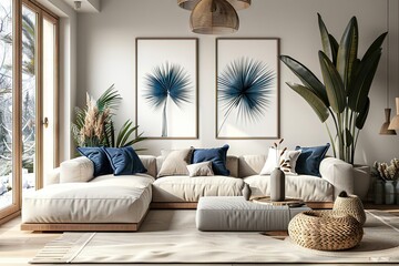 Scandinavian Style Living Room A Harmonious Blend of Modern Design, Modular Sofa, Elegant Accessories, and Tropical Plants in a Neutral-Toned Open Space
