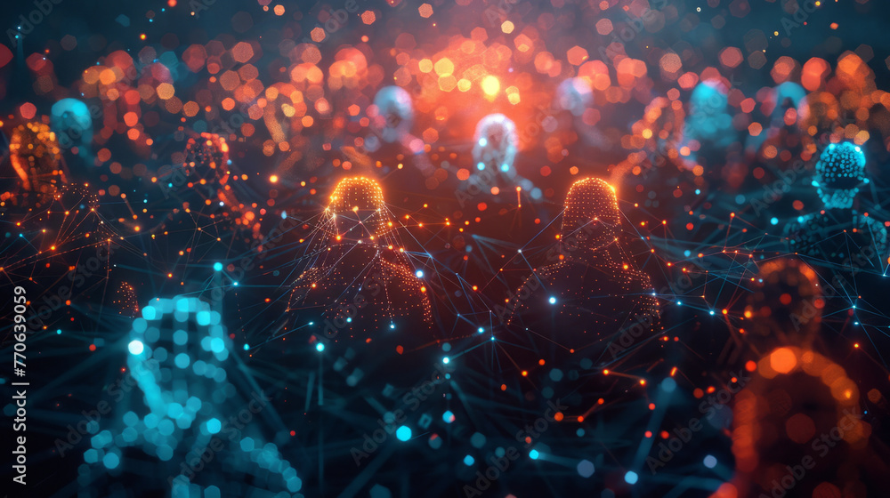 Poster networking people. a vibrant digital landscape with interconnected points and lights, forming a comp