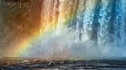 Fototapeten A powerful waterfall roaring over a precipice creating a rainbow in the spray. © Finsch