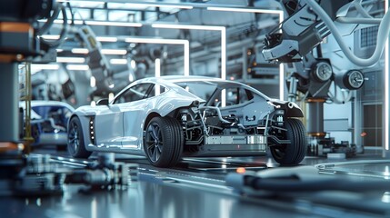 Futuristic White Car in Automotive Manufacturing Factory, Close-Up View of Machinery in a Factory, Assembling cars in a production plant.