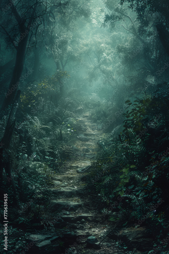 Poster a mystical forest pathway shrouded in mist with lush greenery and dappled sunlight filtering through