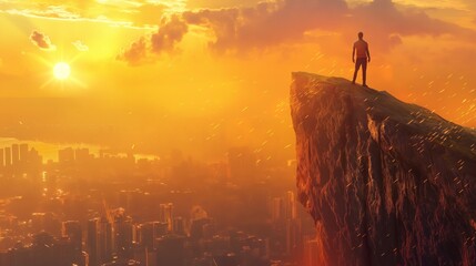 Silhouette of a person standing atop a cliff with a vibrant sunset over the city skyline.