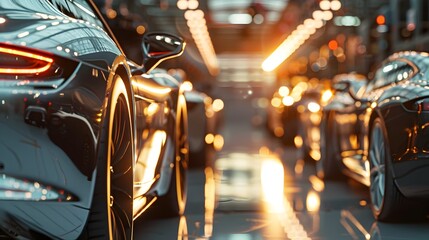 Modern Sports Cars Production in a Futuristic Factory with Golden Light Effects