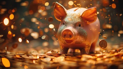  Piggy bank with falling coins. Savings, investment, Winning lucky pig bank concept - obrazy, fototapety, plakaty