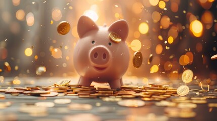  Piggy bank with falling coins. Savings, investment, Winning lucky pig bank concept - obrazy, fototapety, plakaty