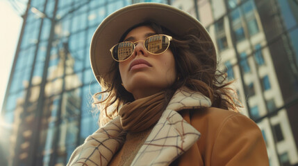 A stylish woman in a fashionable outfit stands confidently in an urban setting. She wears a wide-brimmed hat, chic sunglasses, and a chic coat