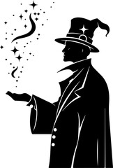 A stylish silhouette of a magician mid-performance, great for entertainment themes, magical shows, or celebratory event designs. - obrazy, fototapety, plakaty
