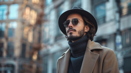 Stylish man wearing a fedora hat, round glasses, and trench coat standing confidently in an urban setting with buildings in the background. - obrazy, fototapety, plakaty