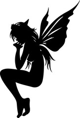 A whimsical black silhouette of a fairy in a thoughtful pose, ideal for storybook illustrations and enchanting design elements.
