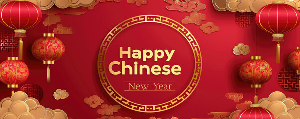 Chinese New Year banner with golden text "Happy Chinese New Year" on a red background with paper cut clouds and lanterns