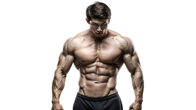 Muscular male model posing shirtless in studio, showcasing strong physique and defined abs