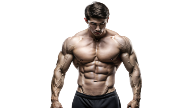 Muscular male model posing shirtless in studio, showcasing strong physique and defined abs