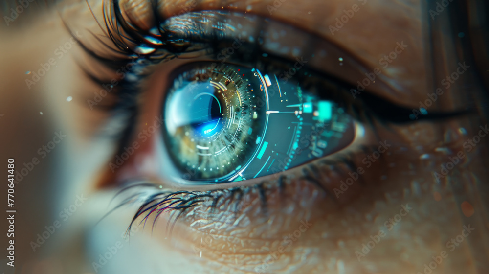 Poster close-up of a human eye with futuristic digital enhancements, showing augmented reality interface el