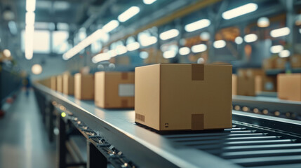 Cardboard boxes on conveyor belt in a distribution warehouse with industrial setting and soft lighting, showcasing logistics and supply chain concept. - obrazy, fototapety, plakaty