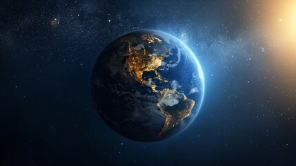 Planet Earth with city lights illuminating the darkness, showcasing human presence across the globe set against a starry sky background.