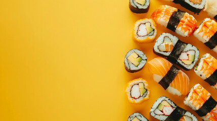 sushi rolls on a yellow background with copyspace