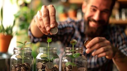 A happy bearded man throws a coin into a jar of coins.