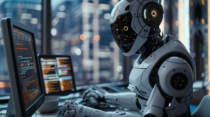 Advanced humanoid robot with intricate design working at a computer workstation in a modern office with a futuristic cityscape visible through the window. - obrazy, fototapety, plakaty