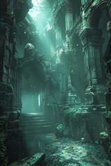 Underwater view of an ancient, sunken temple with intricate architecture, overgrown with marine flora and illuminated by a soft light filtering through the water.