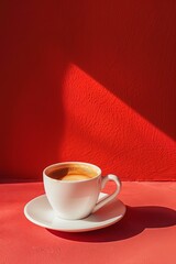 cup of coffee infront of red wall