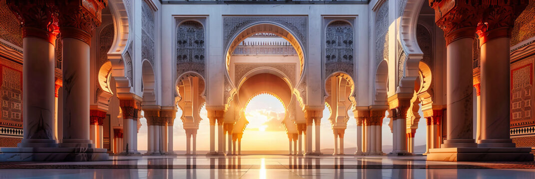 Magnificent Islamic Mosque at Sunset, Reflecting the Spiritual and Architectural Splendor of Middle Eastern Culture