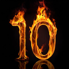 Number 10 made of fire flame on black background. Hot orange blaze. 3D rendering.
