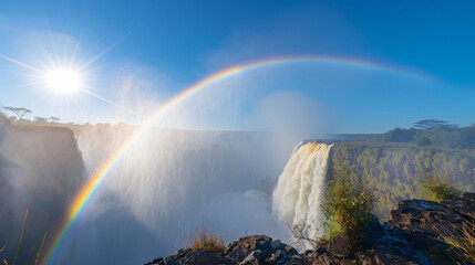 A rainbow forming in the mist of a high waterfall against a bright sunny sky.