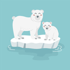 Illustration of cute cartoon polar bears family on ice floe. White baby bear, arctic animals. For card, poster, print. Vector illustration - obrazy, fototapety, plakaty