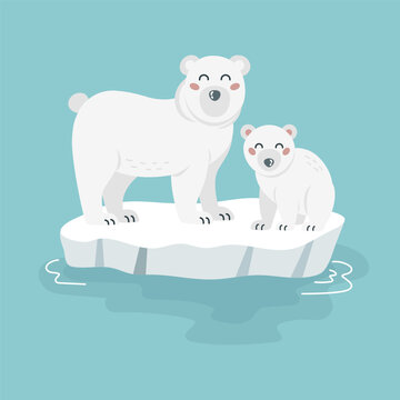 Illustration of cute cartoon polar bears family on ice floe. White baby bear, arctic animals. For card, poster, print. Vector illustration