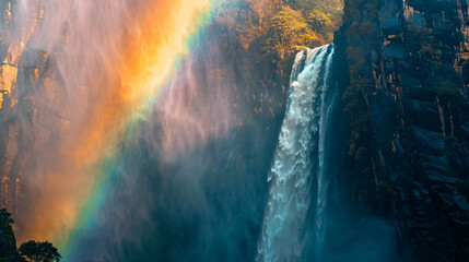 A rainbow forming in the mist of a high waterfall against a bright sunny sky. - obrazy, fototapety, plakaty