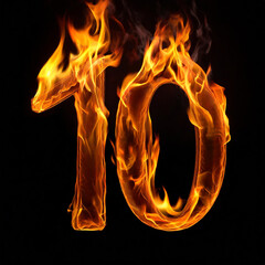 Fototapeta premium Number 10 made of fire flame on black background. Hot orange blaze. 3D rendering.