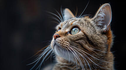 Portrait of a gray tabby cat looking up, on a black background with space for text