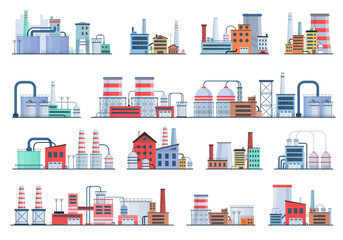 Industrial Building Concept Eco Style Factory City Landscape. Set of factory style or industrial building flat design style icons. Structures with pipes and chimney. Architectural theme. Vector.  © Little Monster 2070