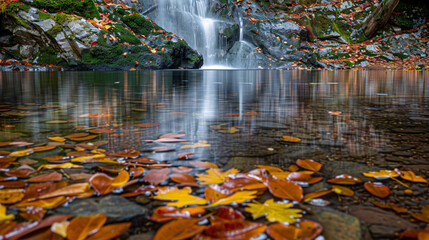 A reflective pool at the base of a gentle waterfall surrounded by autumn leaves. - obrazy, fototapety, plakaty