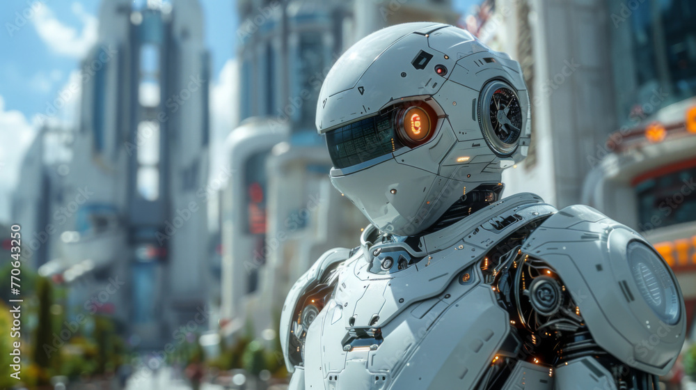 Poster robot standing in front of city