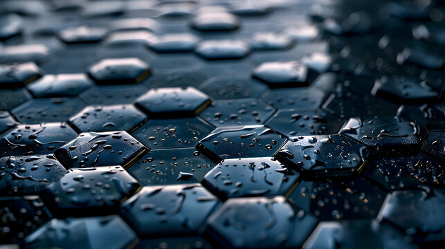 Glistening dewdrops cling to the surface of interlocking hexagons and pentagons, casting a shimmering effect over the honeycomb pattern