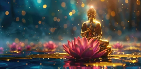  golden buddha sitting on lotus, glowing light effect background with pink flower and blue water waves  © Kien
